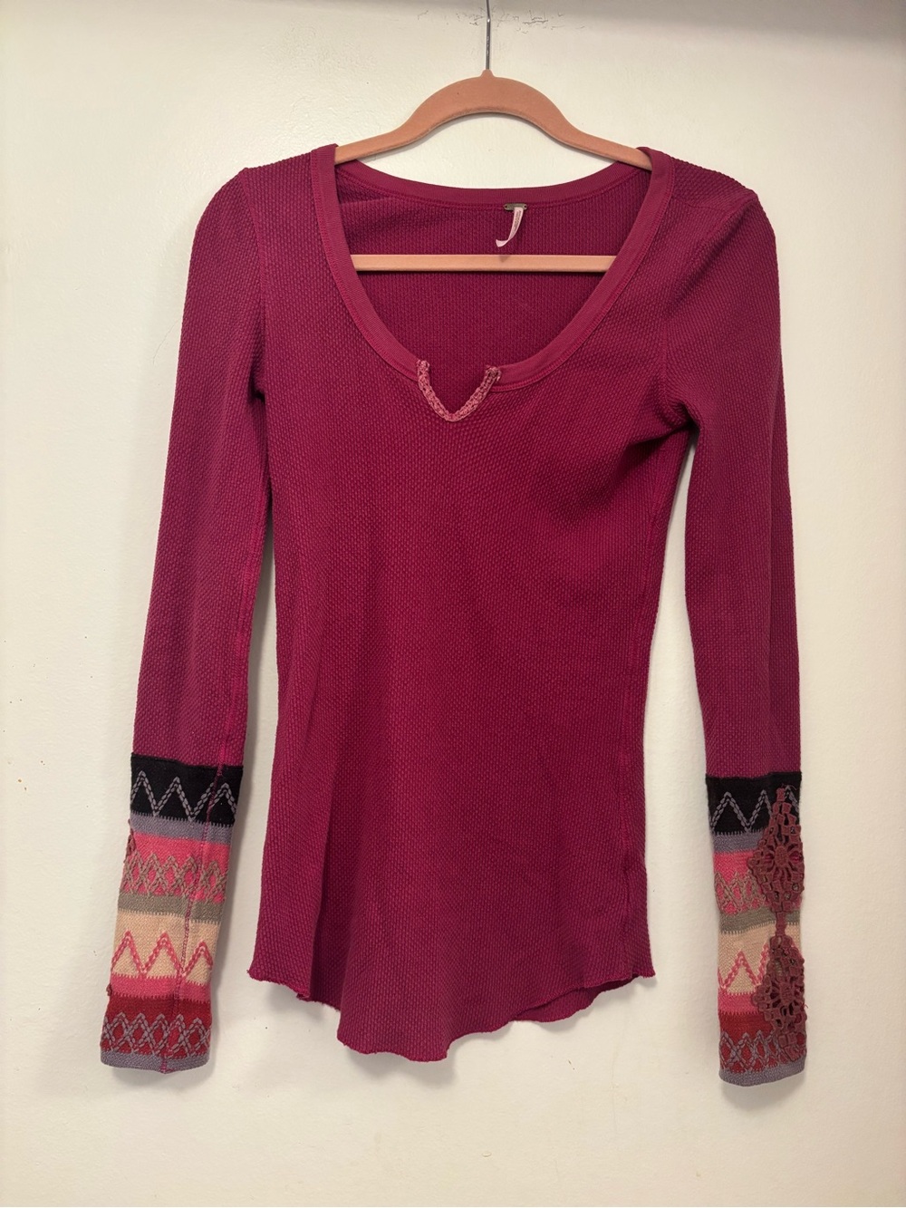 Free People Berry Knit Scoop-Neck Thermal Top with Patterned Cuffs